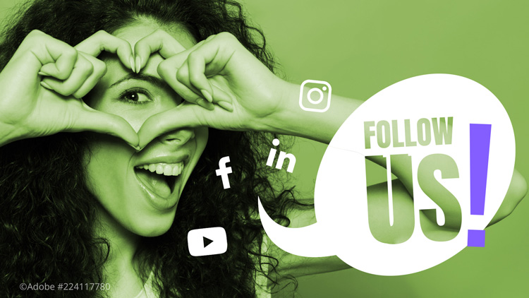 Eine junge, lächelnde Frau formt mit ihren Händen ein Herz um ihr Auge. Eine Sprechblase mit dem Text "Follow Us!" und Icons von LinkedIn, Facebook und Instagram ist daneben platziert. Das Bild lädt dazu ein, den VIVISOL Social-Media-Kanälen zu folgen.