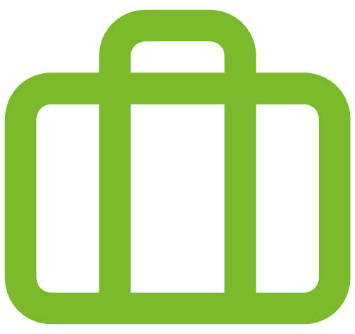 Ein grünes grafisches Symbol einer Reisetasche oder eines Koffers. Das Icon kennzeichnet den VIVItravel Reiseservice und die Mobilität für VIVISOL-Patienten.