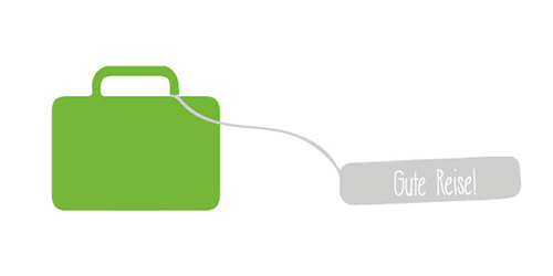 Eine grüne Reisetasche mit einem angehängten Schild, auf dem „Gute Reise!“ steht. Das Bild symbolisiert die Mobilität und die Möglichkeit für Patienten, trotz Sauerstofftherapie zu reisen.