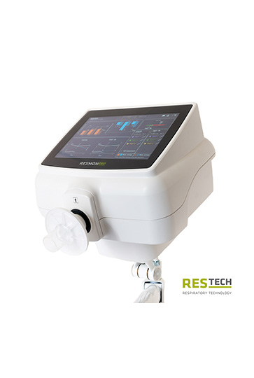 Das weiße, kompakte Resmon Pro V3 Messgerät. Das helle Farbdisplay zeigt eine komplexe grafische Darstellung der Lungenmechanik (Widerstand, Reaktanz) und dient der nicht-invasiven Oszillometrie (FOT) in Klinik und Praxis.
